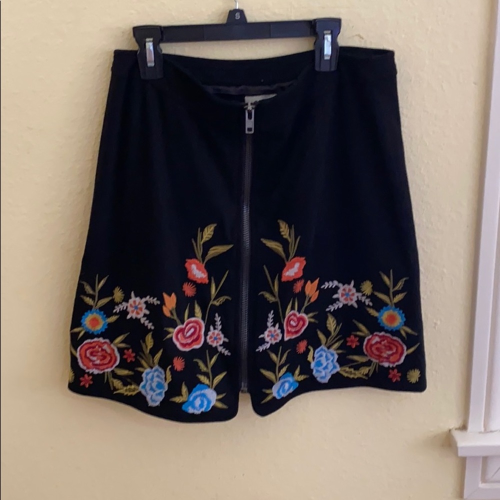 Suede, embroidered, zip-up skirt